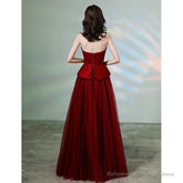 Burgundy tulle long prom dress formal dress